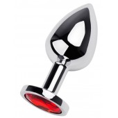 Серебристая коническая анальная пробка с красным кристаллом - 8 см. - ToyFa - купить с доставкой в Тамбове