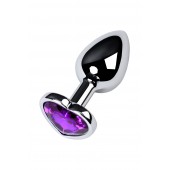 Серебристая коническая анальная пробка с фиолетовым кристаллом-сердечком - 7 см. - ToyFa - купить с доставкой в Тамбове
