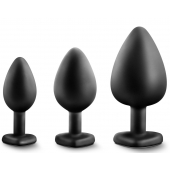 Набор из 3 черных пробок с прозрачным кристаллом-сердечком Bling Plugs Training Kit - Blush Novelties - купить с доставкой в Тамбове