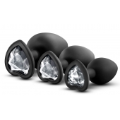 Набор из 3 черных пробок с прозрачным кристаллом-сердечком Bling Plugs Training Kit - Blush Novelties - купить с доставкой в Тамбове