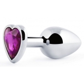 Серебристая анальная пробка с фиолетовым кристаллом-сердечком - 8 см. - Anal Jewelry Plug - купить с доставкой в Тамбове