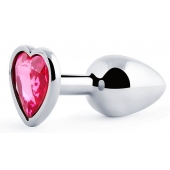 Серебристая анальная пробка с розовым кристаллом-сердечком - 7 см. - Anal Jewelry Plug - купить с доставкой в Тамбове