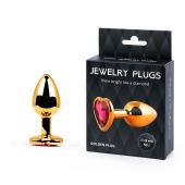 Золотистая анальная пробка с малиновым кристаллом-сердечком - 7 см. - Anal Jewelry Plug - купить с доставкой в Тамбове