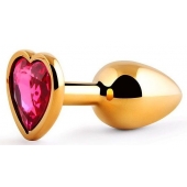Золотистая анальная пробка с малиновым кристаллом-сердечком - 7 см. - Anal Jewelry Plug - купить с доставкой в Тамбове