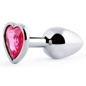 Серебристая анальная пробка с малиновым кристаллом-сердечком - 7 см. - Anal Jewelry Plug - купить с доставкой в Тамбове
