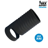 Черная открытая насадка на пенис с кольцом для мошонки XXL-size - 9,4 см. - Sex Expert - в Тамбове купить с доставкой