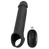 Черная вибронасадка для пениса с хомутом для мошонки и пультом ДУ Remote Controlled Penis Extension - Orion - в Тамбове купить с доставкой