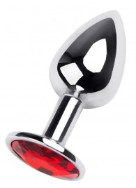 Маленькая коническая серебристая анальная пробка с красным кристаллом - 7 см. - ToyFa - купить с доставкой в Тамбове