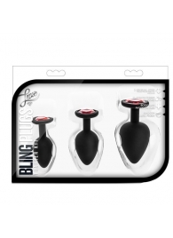 Набор черных анальных пробок с красным кристаллом-сердечком Bling Plugs Training Kit - Blush Novelties - купить с доставкой в Тамбове