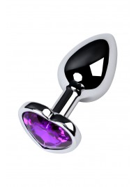 Серебристая коническая анальная пробка с фиолетовым кристаллом-сердечком - 7 см. - ToyFa - купить с доставкой в Тамбове