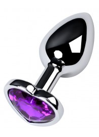 Серебристая коническая анальная пробка с фиолетовым кристаллом-сердечком - 7 см. - ToyFa - купить с доставкой в Тамбове