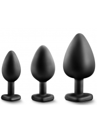 Набор из 3 черных пробок с прозрачным кристаллом-сердечком Bling Plugs Training Kit - Blush Novelties - купить с доставкой в Тамбове