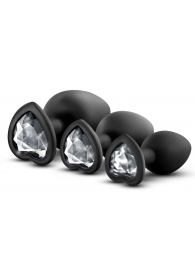 Набор из 3 черных пробок с прозрачным кристаллом-сердечком Bling Plugs Training Kit - Blush Novelties - купить с доставкой в Тамбове