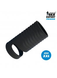 Черная открытая насадка на пенис с кольцом для мошонки XXL-size - 9,4 см. - Sex Expert - в Тамбове купить с доставкой