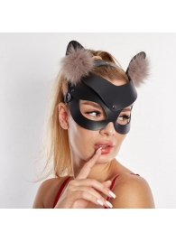 Черная кожаная маска  Кошечка  с мехом - Sitabella - купить с доставкой в Тамбове