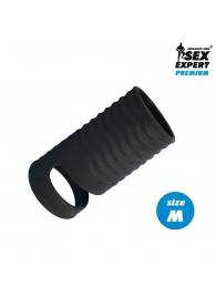 Черная открытая насадка на пенис с кольцом для мошонки size M - 7,9 см. - Sex Expert - в Тамбове купить с доставкой