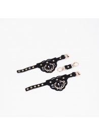 Черные кожаные наручники с клепками, кольцами и золотистой фурнитурой - Crazy Handmade - купить с доставкой в Тамбове