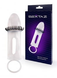 Закрытая насадка на пенис с подхватом мошонки и стимулирующими «ресничками» - Sextaz - в Тамбове купить с доставкой