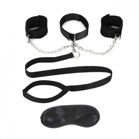 Чёрный ошейник с наручниками и поводком Collar Cuffs   Leash Set - Lux Fetish - купить с доставкой в Тамбове