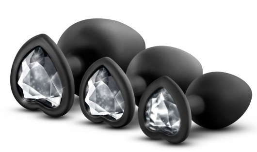 Набор из 3 черных пробок с прозрачным кристаллом-сердечком Bling Plugs Training Kit - Blush Novelties - купить с доставкой в Тамбове