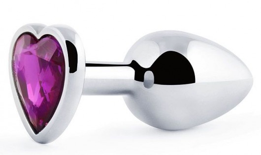 Серебристая анальная пробка с фиолетовым кристаллом-сердечком - 8 см. - Anal Jewelry Plug - купить с доставкой в Тамбове