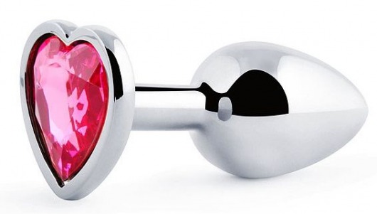 Серебристая анальная пробка с розовым кристаллом-сердечком - 7 см. - Anal Jewelry Plug - купить с доставкой в Тамбове
