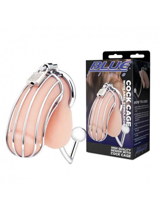 Серебристая металлическая клетка с анальным стимулятором Cock Cage - BlueLine - купить с доставкой в Тамбове