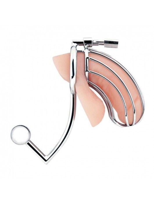 Серебристая металлическая клетка с анальным стимулятором Cock Cage - BlueLine - купить с доставкой в Тамбове