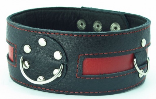 Чёрный кожаный ошейник с красной полосой и кольцами - БДСМ Арсенал - купить с доставкой в Тамбове