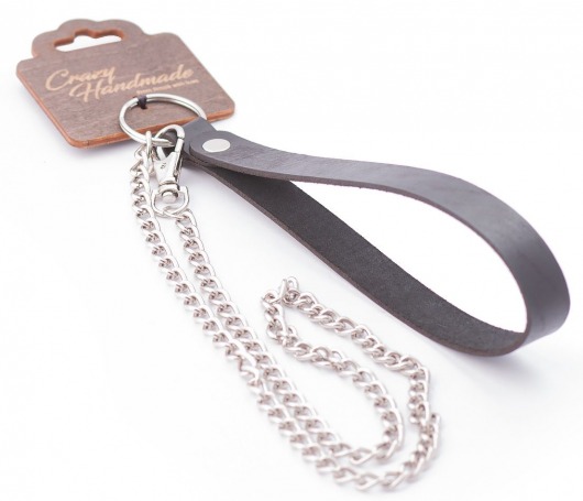 Серебристый металлический поводок с кожаной черной ручкой - 80 см. - Crazy Handmade - купить с доставкой в Тамбове