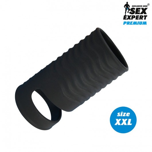 Черная открытая насадка на пенис с кольцом для мошонки XXL-size - 9,4 см. - Sex Expert - в Тамбове купить с доставкой