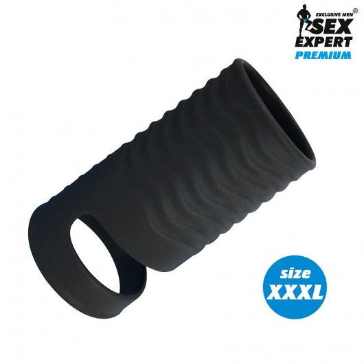 Черная открытая насадка на пенис с кольцом для мошонки XXXL-size - 9,9 см. - Sex Expert - в Тамбове купить с доставкой