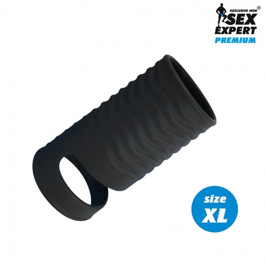 Черная открытая насадка на пенис с кольцом для мошонки XL-size - 8,9 см. - Sex Expert - в Тамбове купить с доставкой