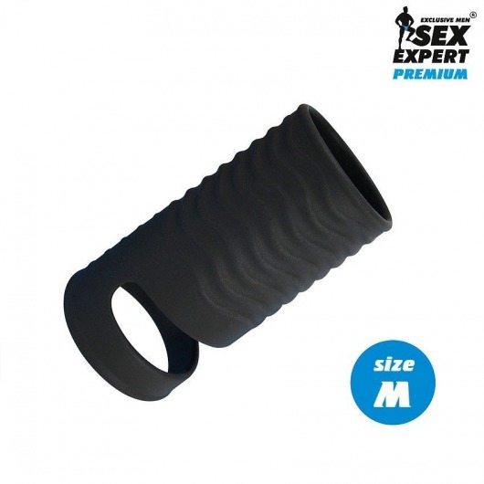 Черная открытая насадка на пенис с кольцом для мошонки size M - 7,9 см. - Sex Expert - в Тамбове купить с доставкой