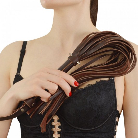 Коричневая кожаная плеть с шипами - 55 см. - Sitabella - купить с доставкой в Тамбове