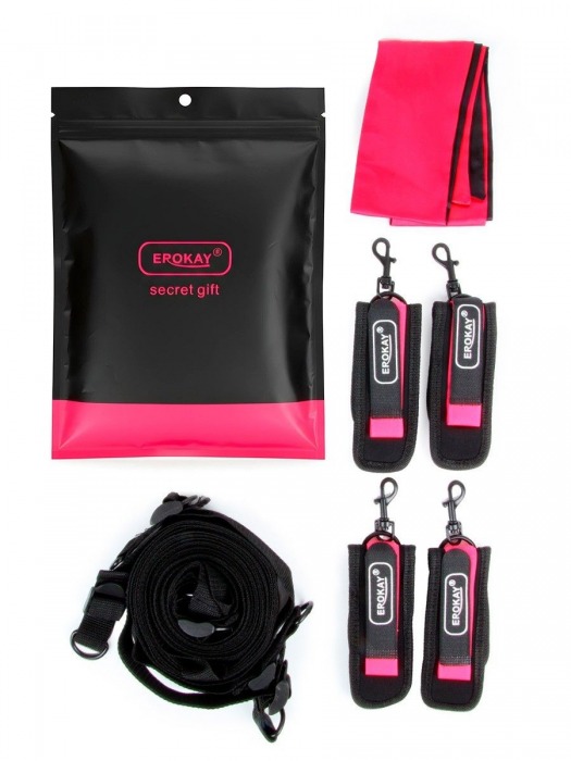 Черно-розовый эротический набор: фиксатор, оковы, наручники, повязка - Erokay - купить с доставкой в Тамбове
