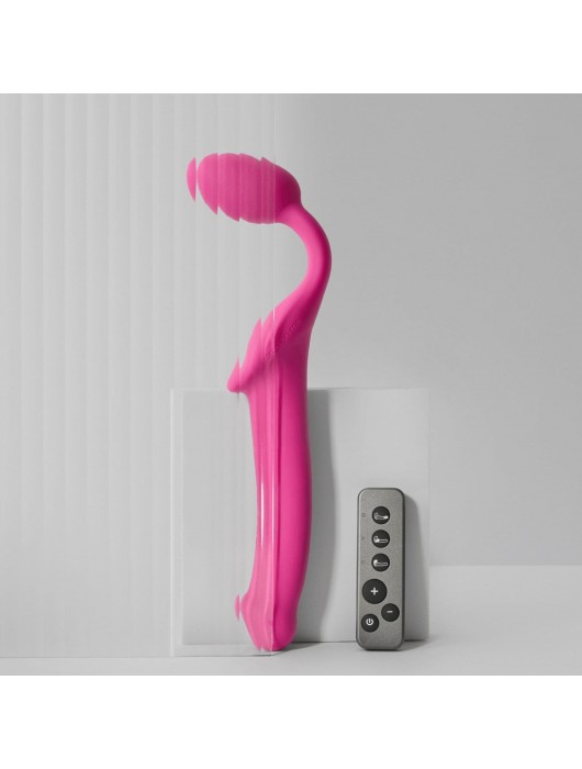 Ярко-розовый безремневой страпон Strap-on-me Vibrating Bendable Strap-On size M - Strap-on-me - купить с доставкой в Тамбове