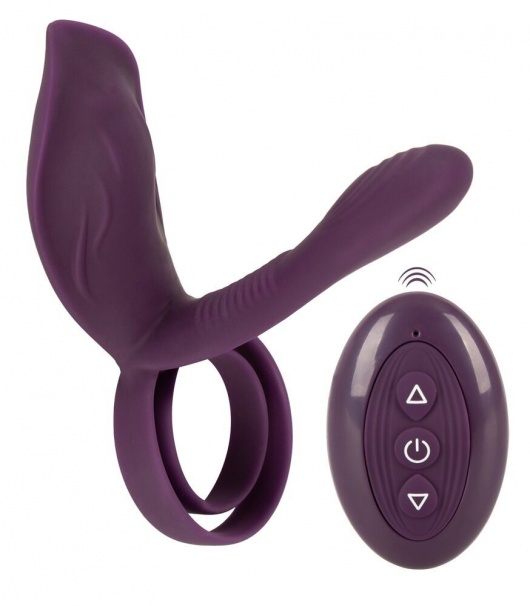 Фиолетовая насадка на член с клиторальным отростком и пультом ДУ RC Couple’s Vibrator 2 - Orion - в Тамбове купить с доставкой