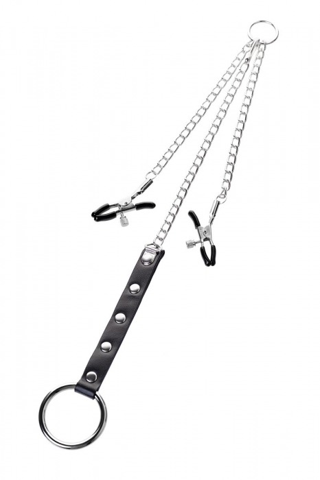 Серебристо-чёрные зажимы для сосков с кольцом для пениса TOYFA Metal - ToyFa - купить с доставкой в Тамбове